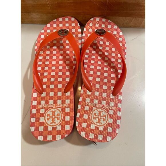 Tory Burch Platform Flip Flop Sandals Red Gingham Sz 7.5 - Picture 4 of 7